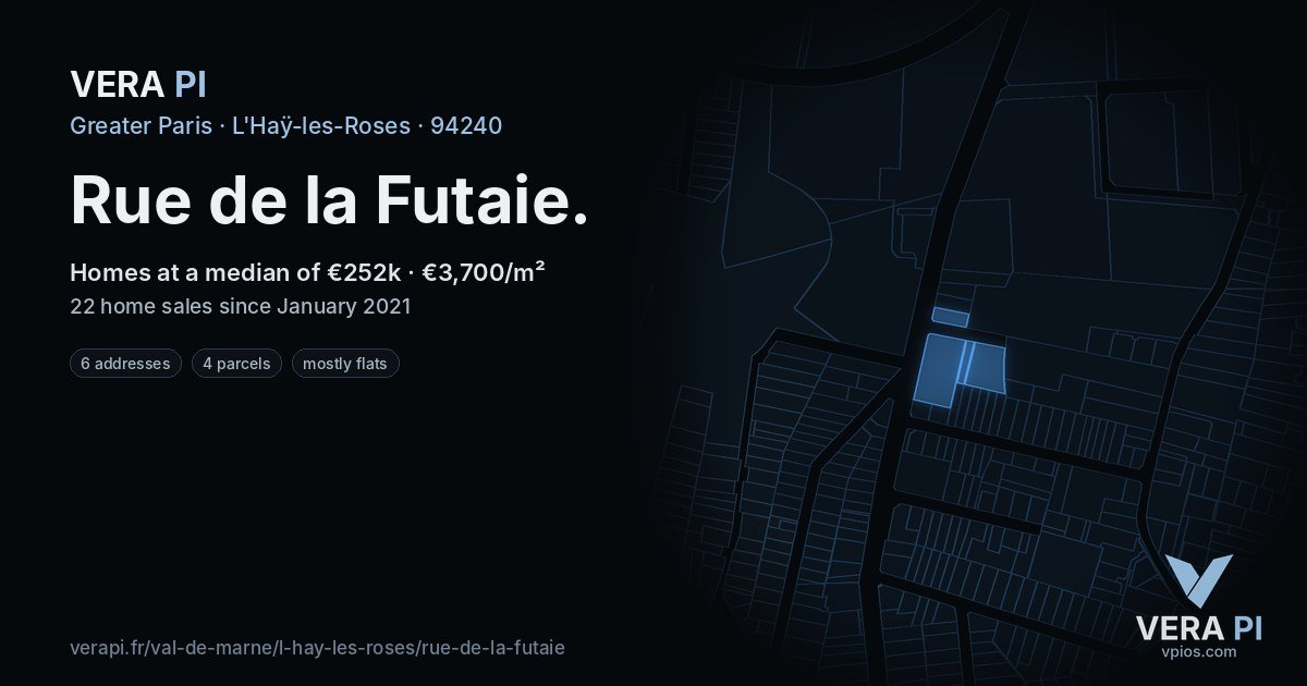 Rue de la Futaie, L'Haÿ-les-Roses at night – every parcel coloured by the prices around it, the street's own parcels lit