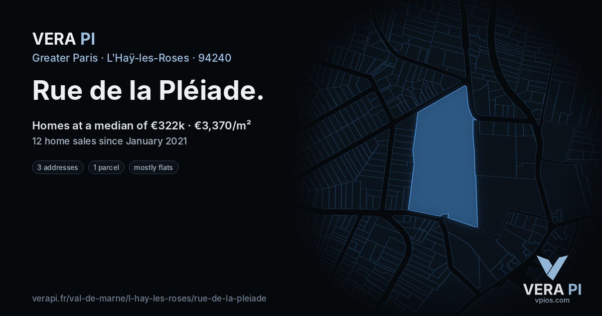 Rue de la Pléiade, L'Haÿ-les-Roses at night – every parcel coloured by the prices around it, the street's own parcels lit