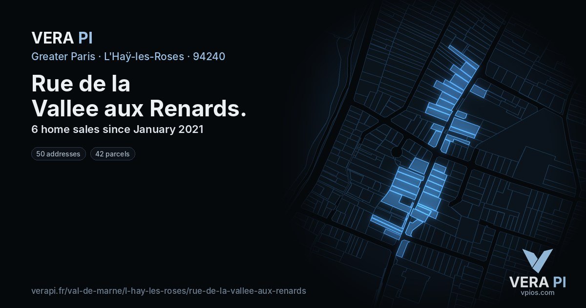 Rue de la Vallee aux Renards, L'Haÿ-les-Roses at night – every parcel coloured by the prices around it, the street's own parcels lit