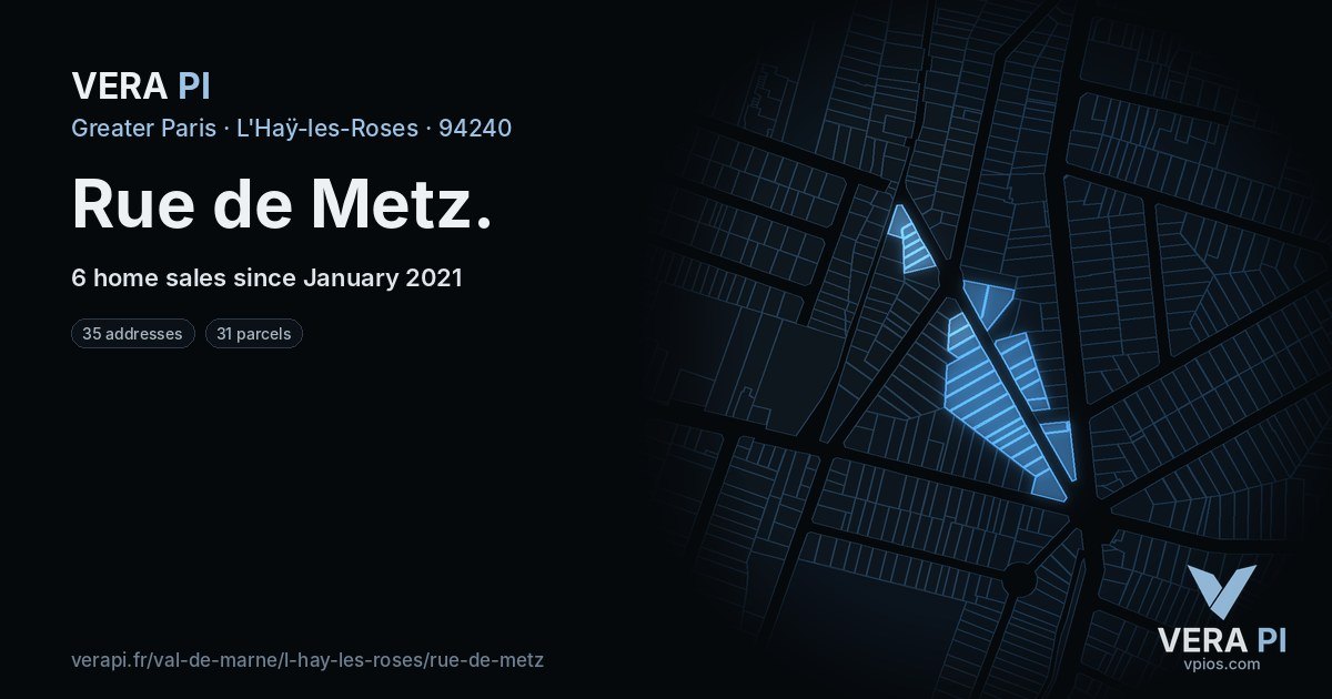 Rue de Metz, L'Haÿ-les-Roses at night – every parcel coloured by the prices around it, the street's own parcels lit