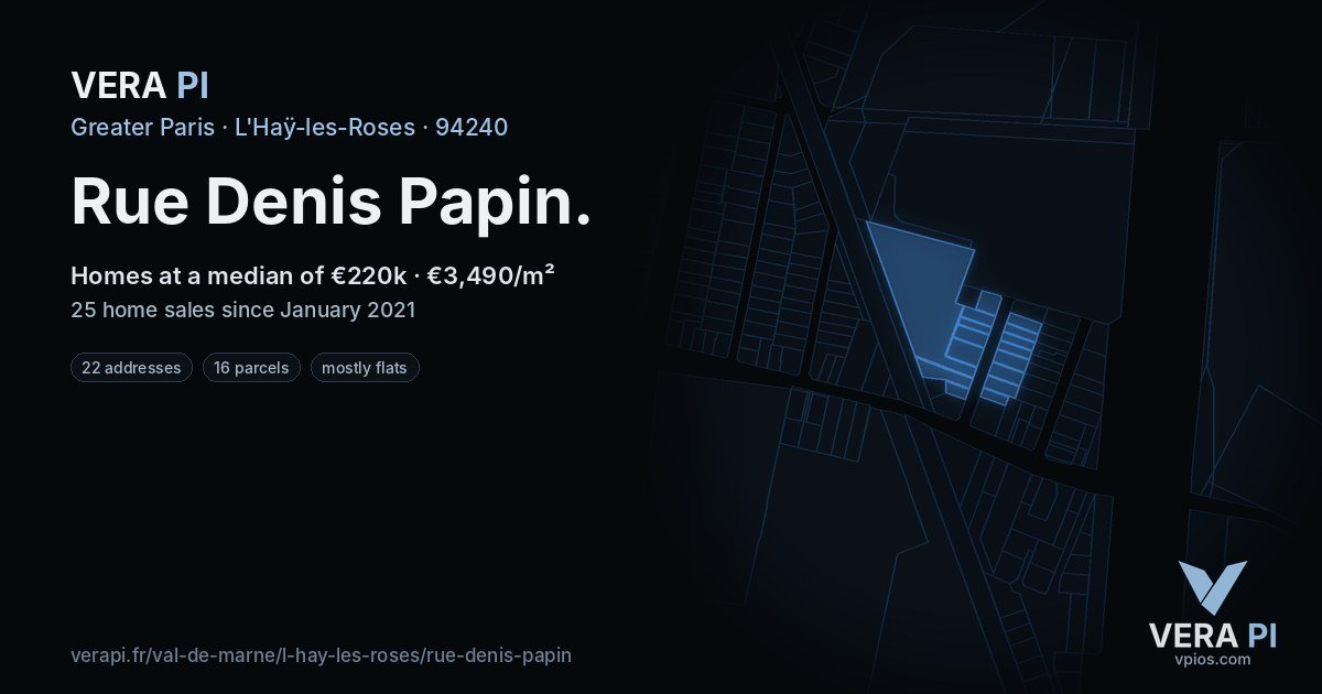 Rue Denis Papin, L'Haÿ-les-Roses at night – every parcel coloured by the prices around it, the street's own parcels lit