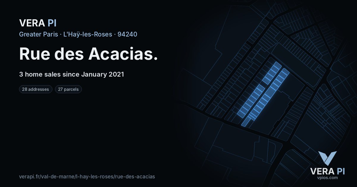 Rue des Acacias, L'Haÿ-les-Roses at night – every parcel coloured by the prices around it, the street's own parcels lit
