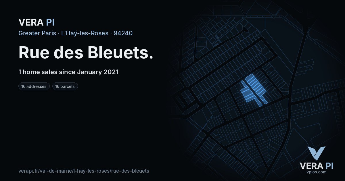 Rue des Bleuets, L'Haÿ-les-Roses at night – every parcel coloured by the prices around it, the street's own parcels lit