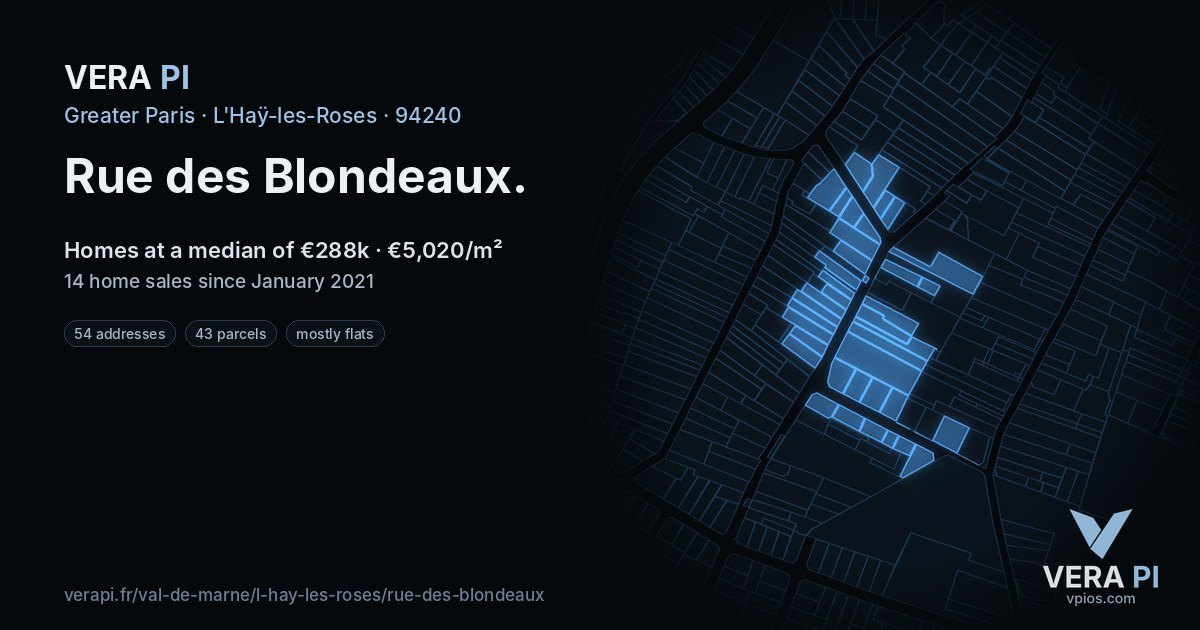 Rue des Blondeaux, L'Haÿ-les-Roses at night – every parcel coloured by the prices around it, the street's own parcels lit