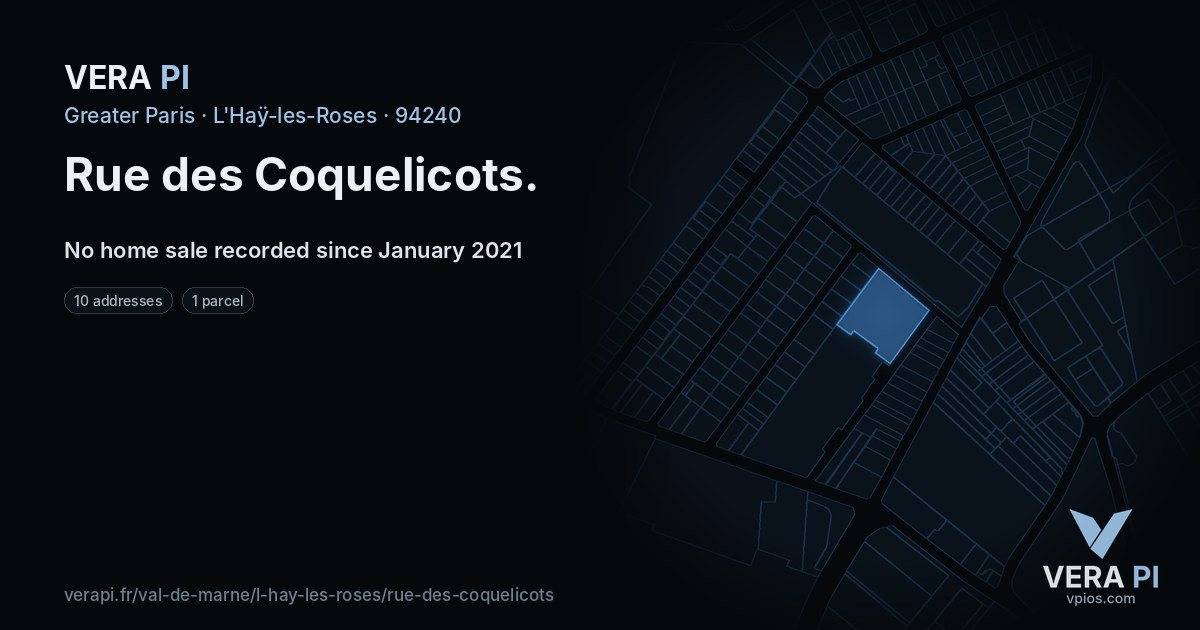 Rue des Coquelicots, L'Haÿ-les-Roses at night – every parcel coloured by the prices around it, the street's own parcels lit