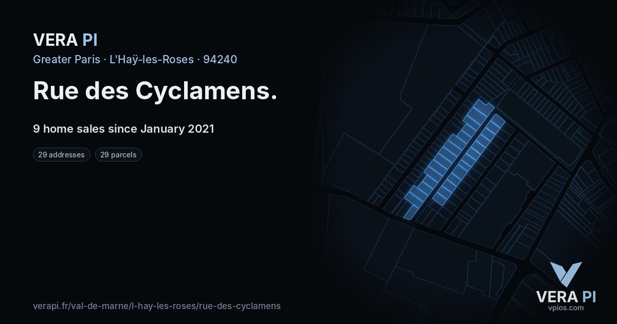 Rue des Cyclamens, L'Haÿ-les-Roses at night – every parcel coloured by the prices around it, the street's own parcels lit