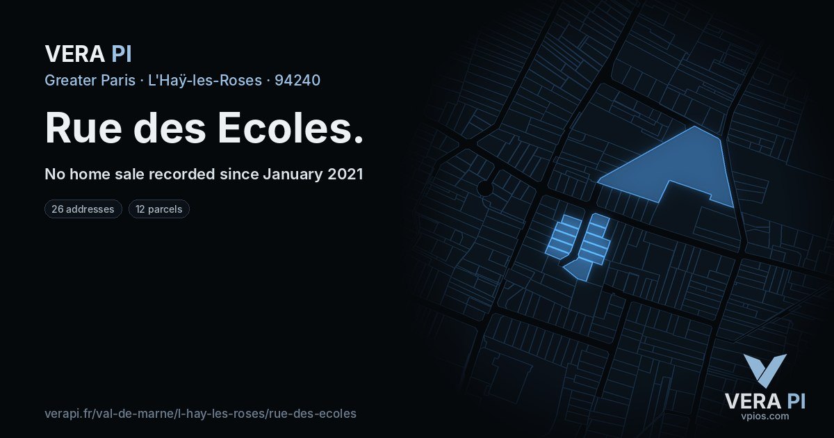 Rue des Ecoles, L'Haÿ-les-Roses at night – every parcel coloured by the prices around it, the street's own parcels lit