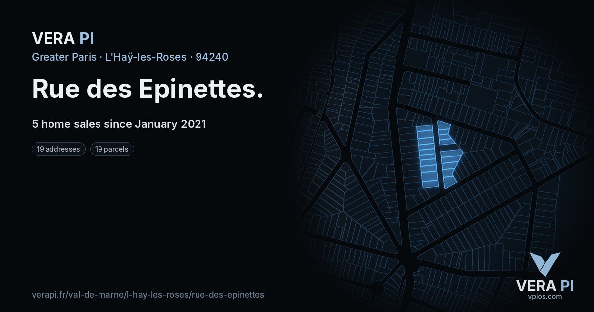 Rue des Epinettes, L'Haÿ-les-Roses at night – every parcel coloured by the prices around it, the street's own parcels lit