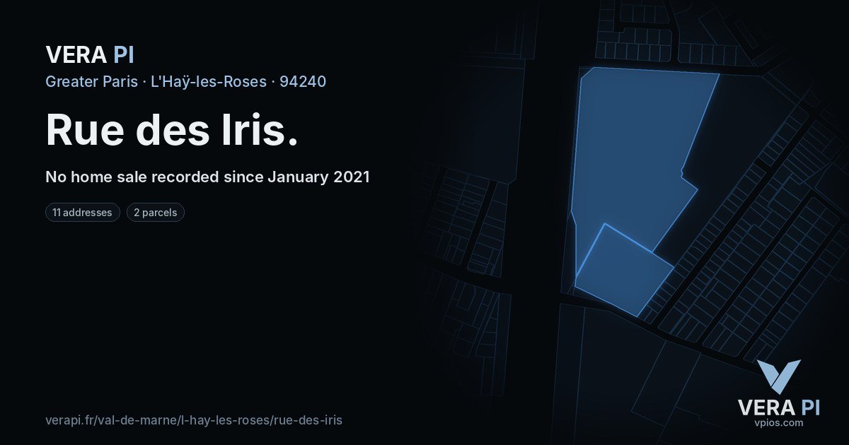 Rue des Iris, L'Haÿ-les-Roses at night – every parcel coloured by the prices around it, the street's own parcels lit