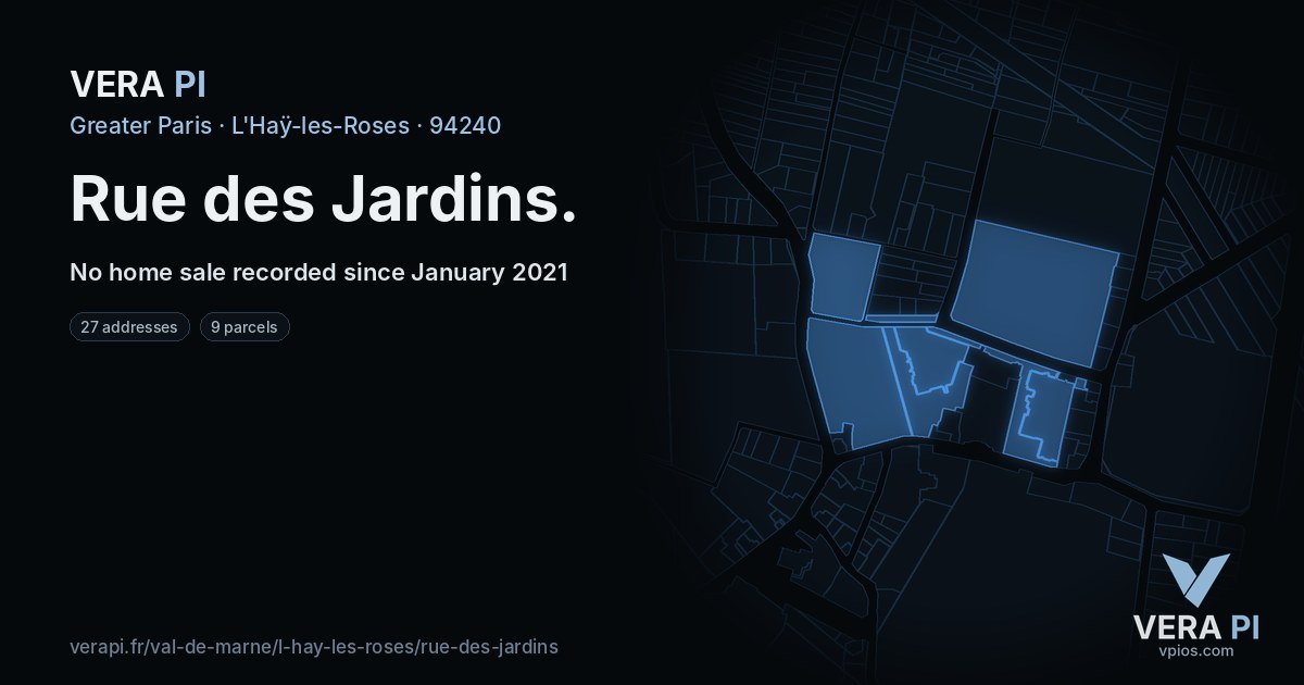 Rue des Jardins, L'Haÿ-les-Roses at night – every parcel coloured by the prices around it, the street's own parcels lit