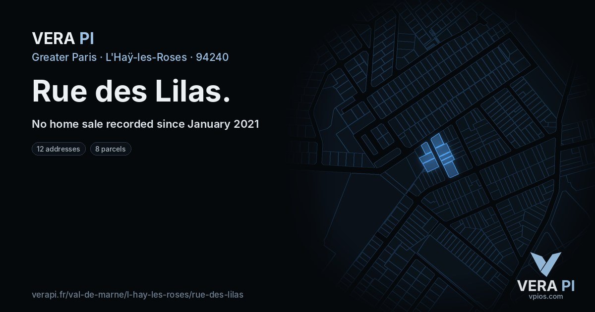 Rue des Lilas, L'Haÿ-les-Roses at night – every parcel coloured by the prices around it, the street's own parcels lit
