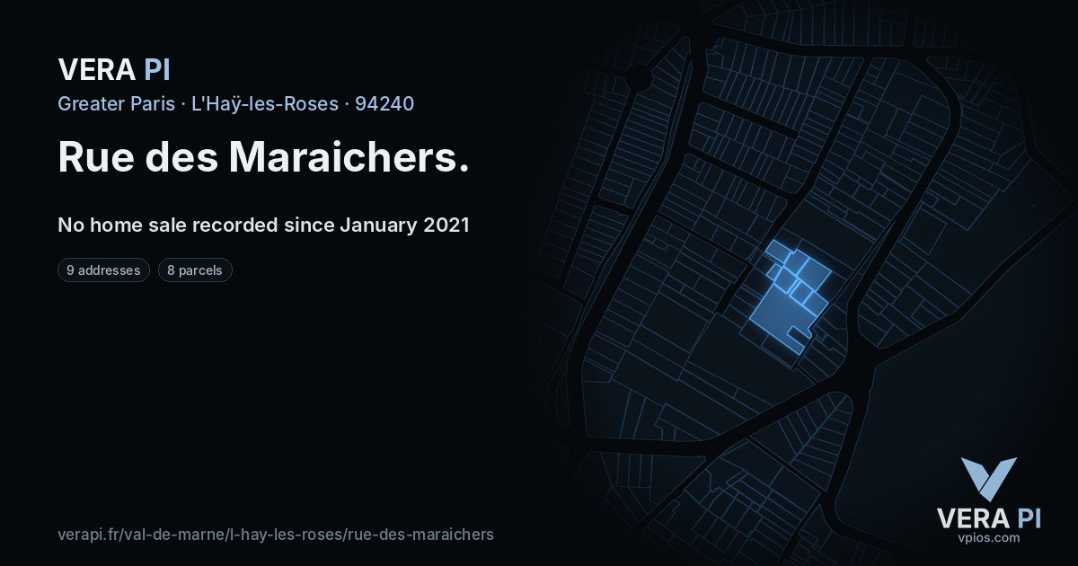 Rue des Maraichers, L'Haÿ-les-Roses at night – every parcel coloured by the prices around it, the street's own parcels lit