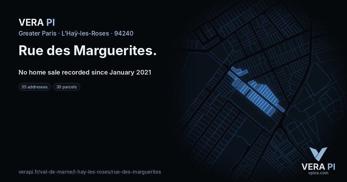 Rue des Marguerites, L'Haÿ-les-Roses at night – every parcel coloured by the prices around it, the street's own parcels lit