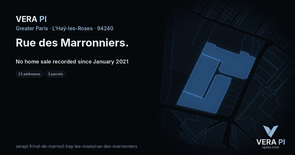 Rue des Marronniers, L'Haÿ-les-Roses at night – every parcel coloured by the prices around it, the street's own parcels lit