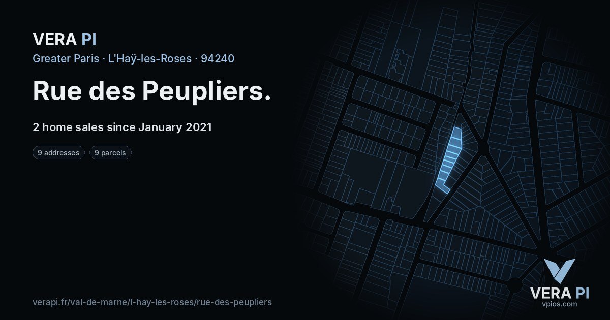 Rue des Peupliers, L'Haÿ-les-Roses at night – every parcel coloured by the prices around it, the street's own parcels lit