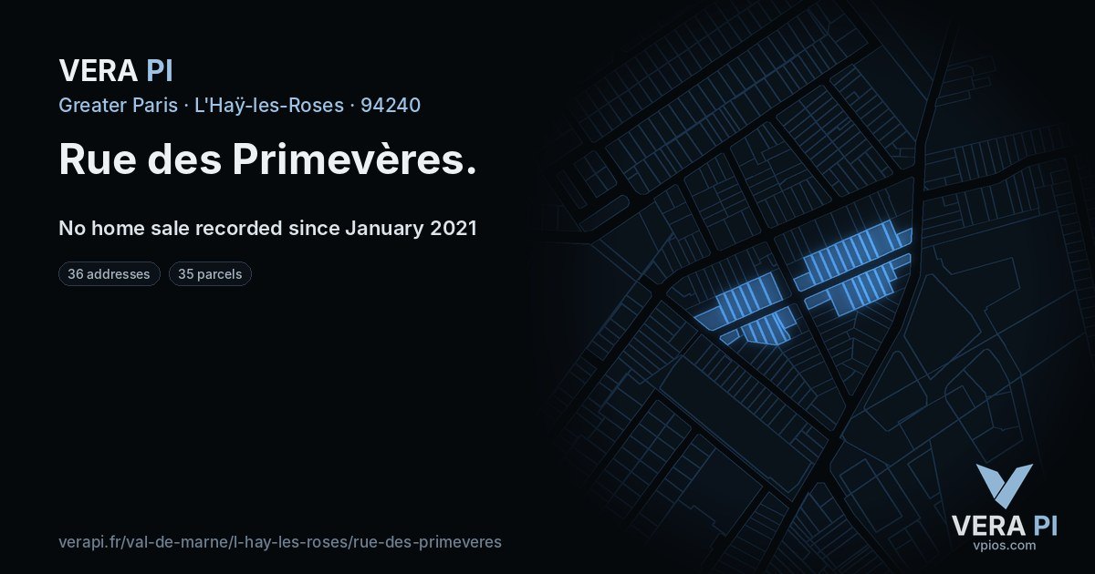 Rue des Primevères, L'Haÿ-les-Roses at night – every parcel coloured by the prices around it, the street's own parcels lit