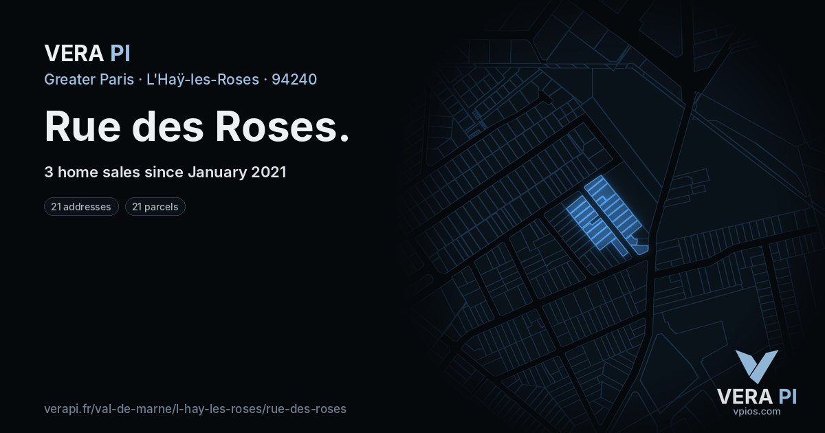 Rue des Roses, L'Haÿ-les-Roses at night – every parcel coloured by the prices around it, the street's own parcels lit
