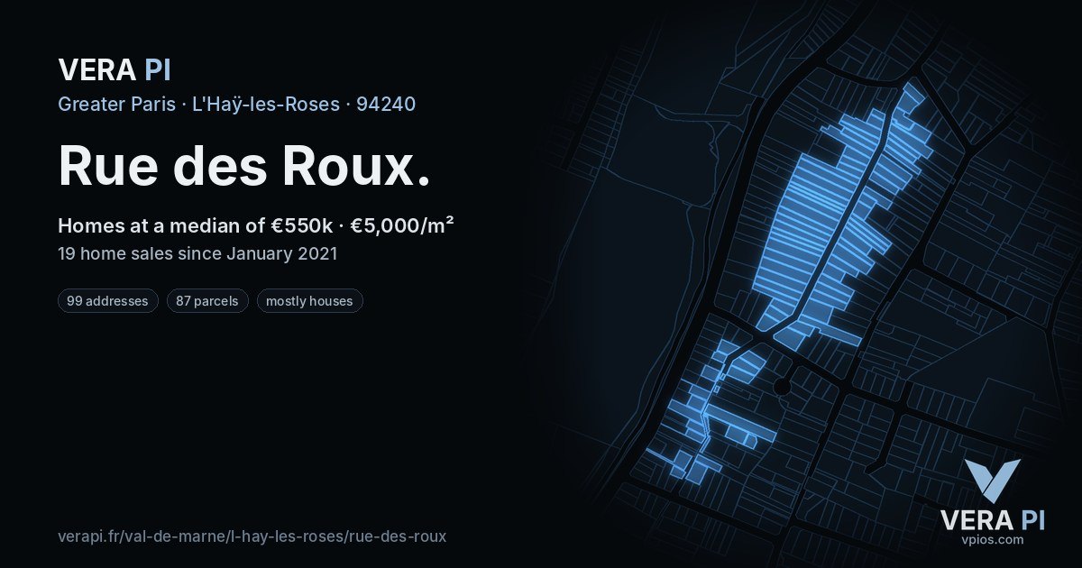 Rue des Roux, L'Haÿ-les-Roses at night – every parcel coloured by the prices around it, the street's own parcels lit