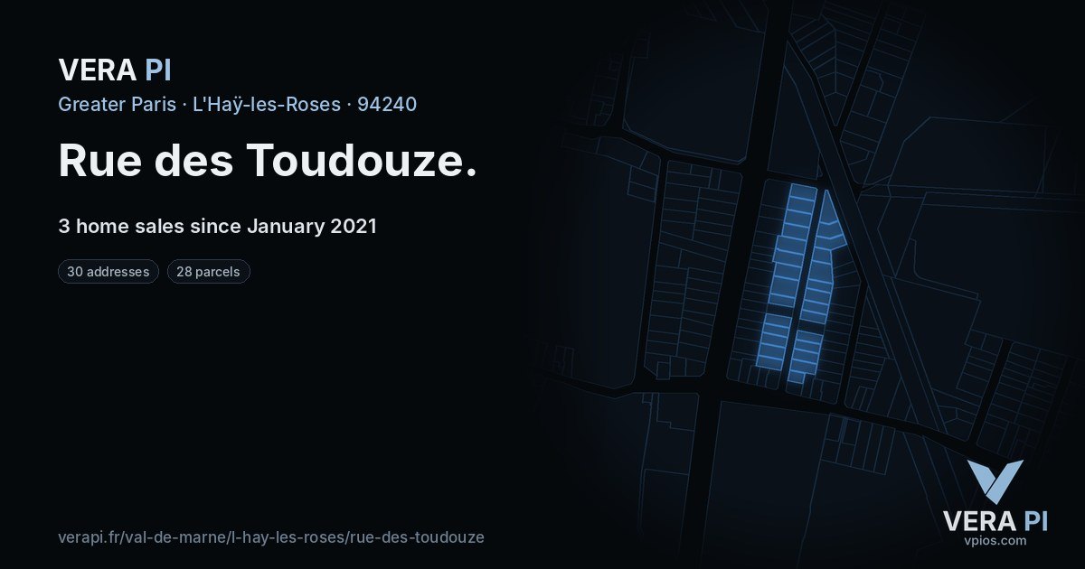 Rue des Toudouze, L'Haÿ-les-Roses at night – every parcel coloured by the prices around it, the street's own parcels lit