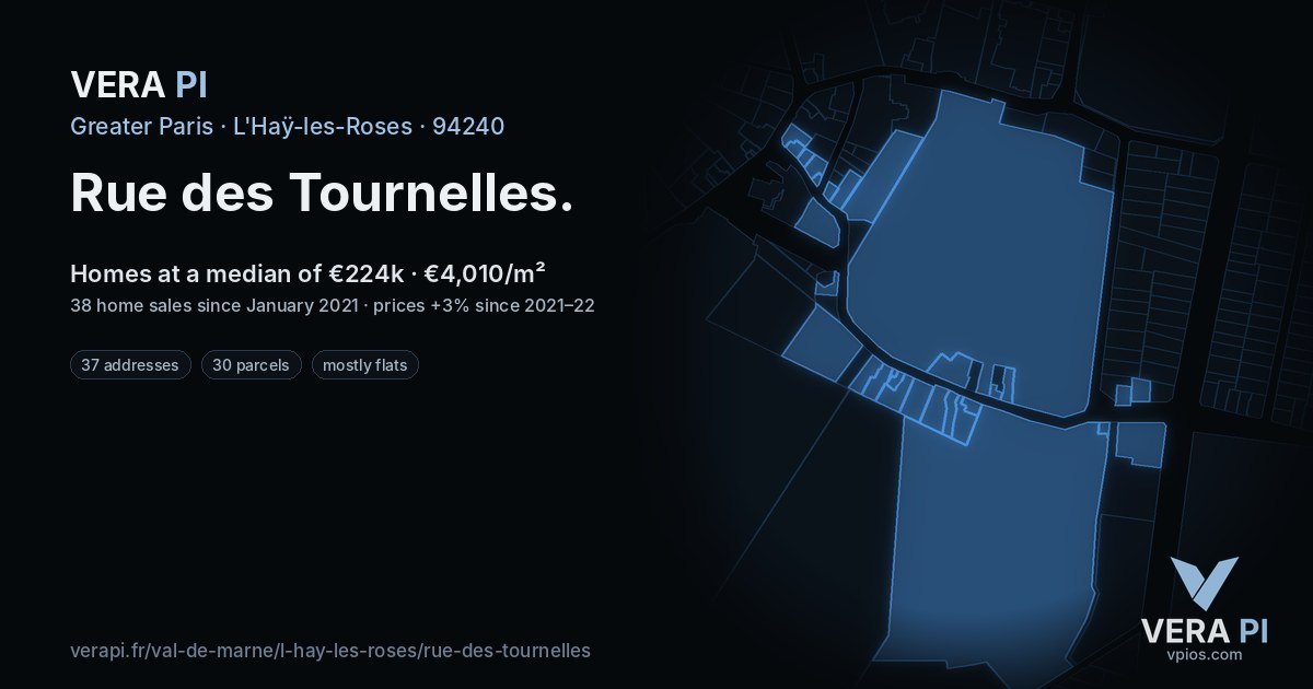 Rue des Tournelles, L'Haÿ-les-Roses at night – every parcel coloured by the prices around it, the street's own parcels lit