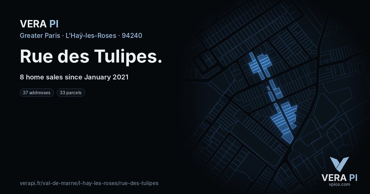 Rue des Tulipes, L'Haÿ-les-Roses at night – every parcel coloured by the prices around it, the street's own parcels lit