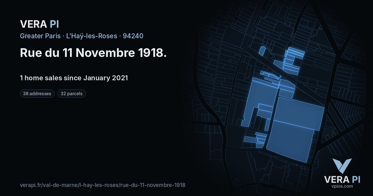 Rue du 11 Novembre 1918, L'Haÿ-les-Roses at night – every parcel coloured by the prices around it, the street's own parcels lit