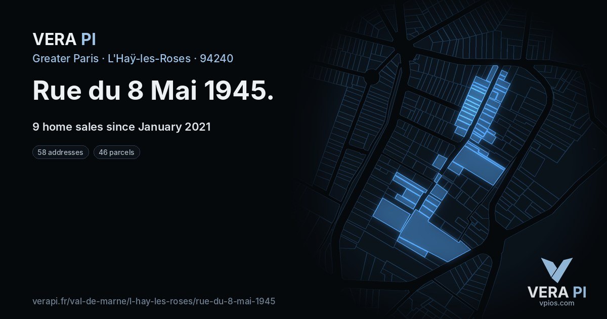 Rue du 8 Mai 1945, L'Haÿ-les-Roses at night – every parcel coloured by the prices around it, the street's own parcels lit