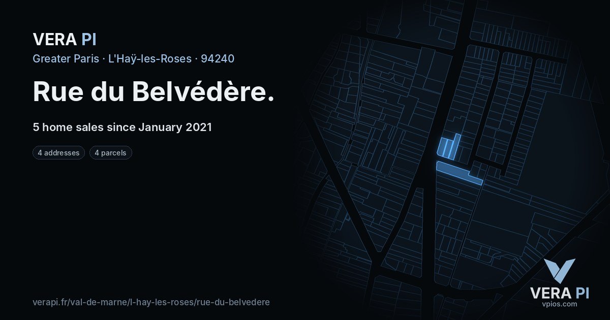 Rue du Belvédère, L'Haÿ-les-Roses at night – every parcel coloured by the prices around it, the street's own parcels lit