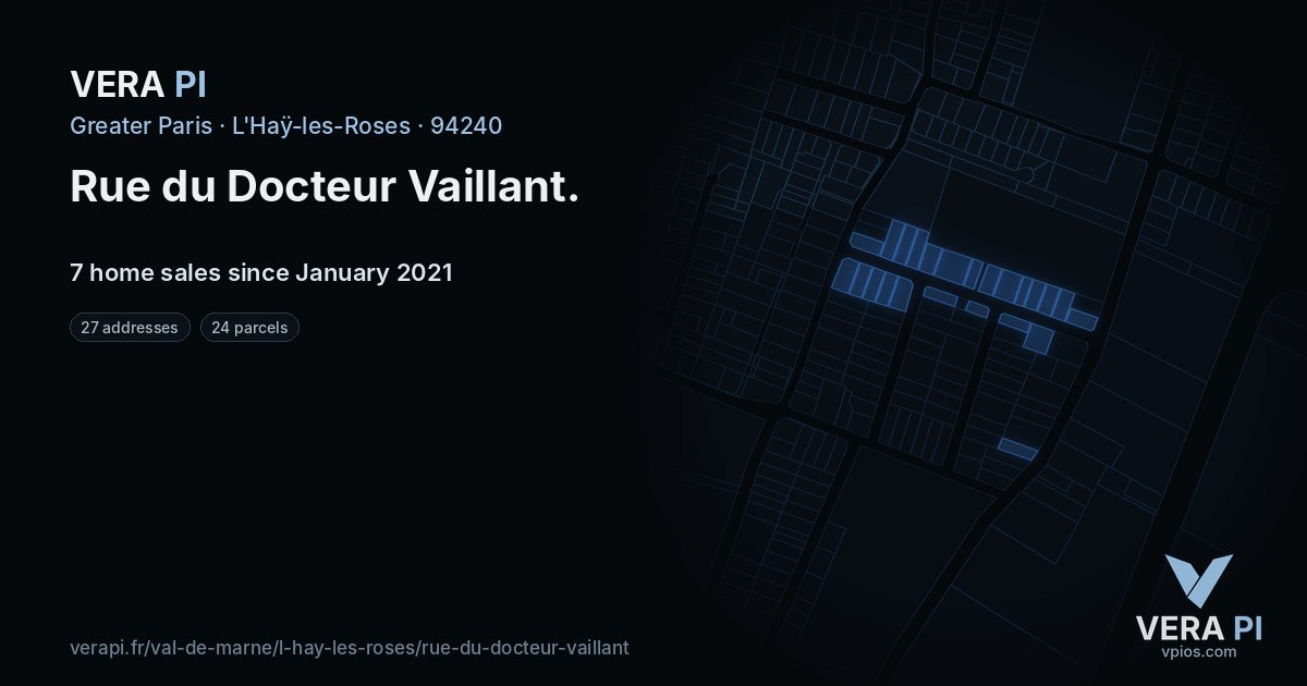 Rue du Docteur Vaillant, L'Haÿ-les-Roses at night – every parcel coloured by the prices around it, the street's own parcels lit