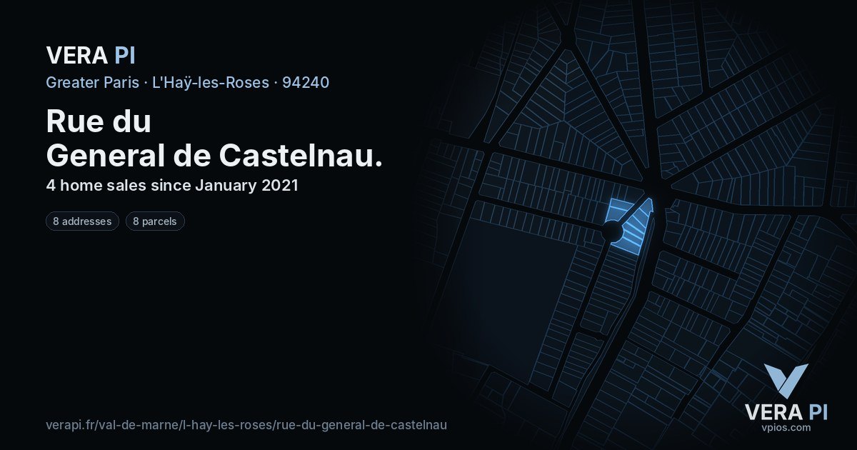 Rue du General de Castelnau, L'Haÿ-les-Roses at night – every parcel coloured by the prices around it, the street's own parcels lit