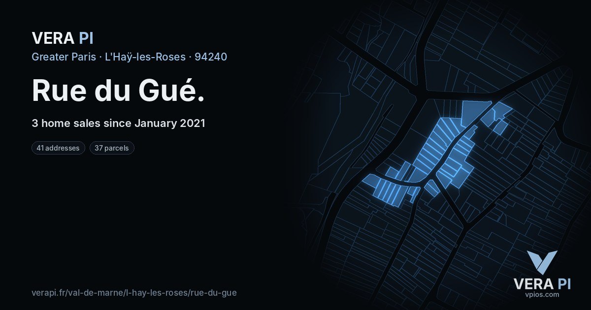 Rue du Gué, L'Haÿ-les-Roses at night – every parcel coloured by the prices around it, the street's own parcels lit