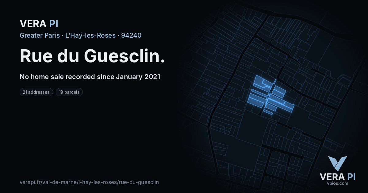 Rue du Guesclin, L'Haÿ-les-Roses at night – every parcel coloured by the prices around it, the street's own parcels lit