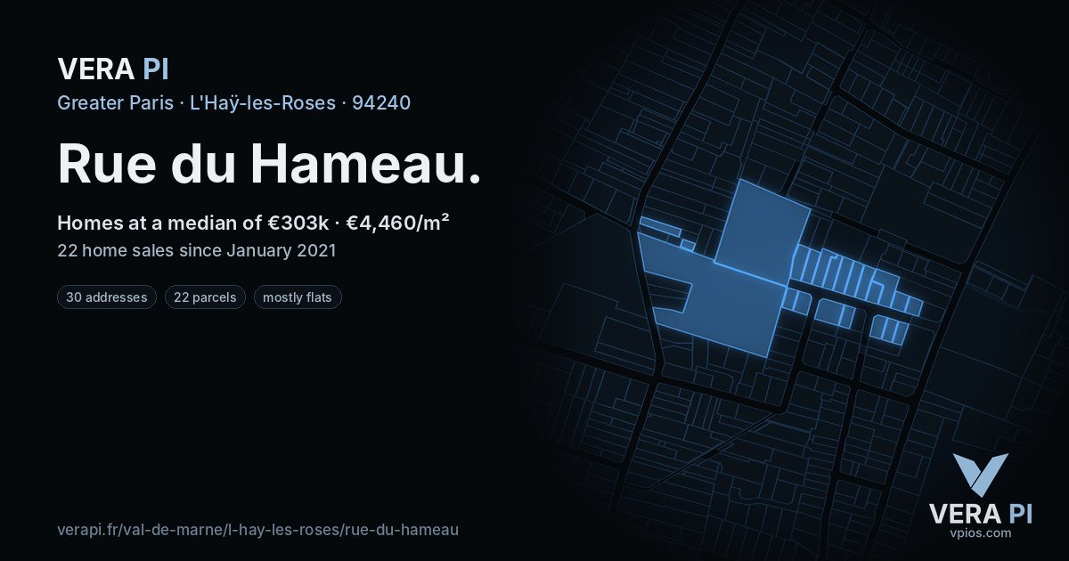 Rue du Hameau, L'Haÿ-les-Roses at night – every parcel coloured by the prices around it, the street's own parcels lit