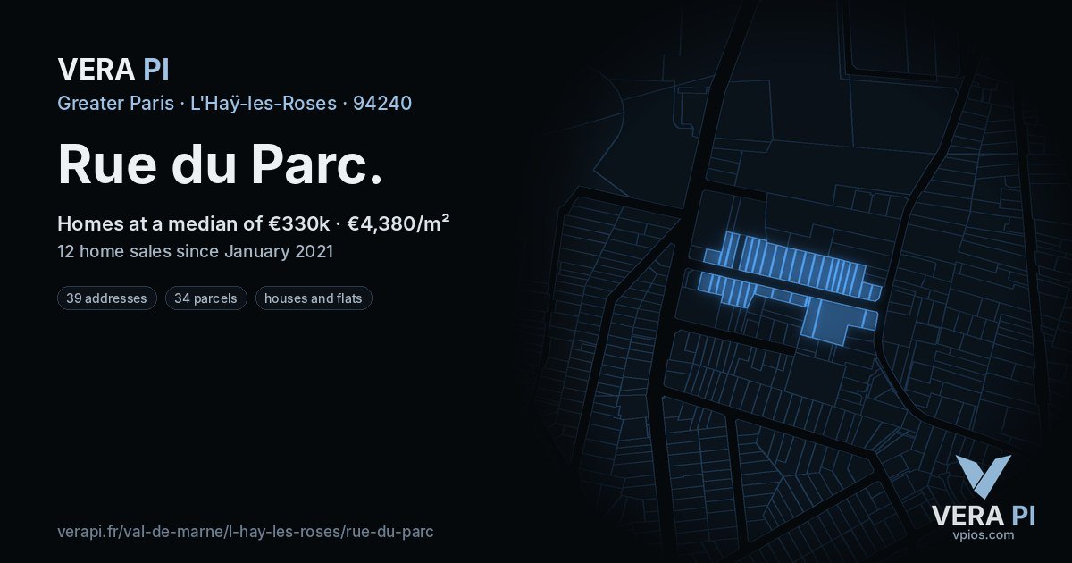 Rue du Parc, L'Haÿ-les-Roses at night – every parcel coloured by the prices around it, the street's own parcels lit
