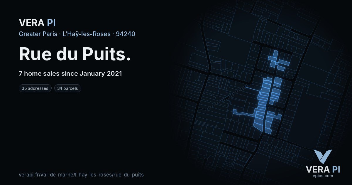 Rue du Puits, L'Haÿ-les-Roses at night – every parcel coloured by the prices around it, the street's own parcels lit