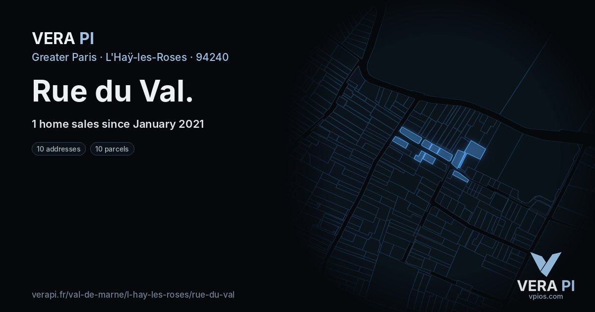 Rue du Val, L'Haÿ-les-Roses at night – every parcel coloured by the prices around it, the street's own parcels lit