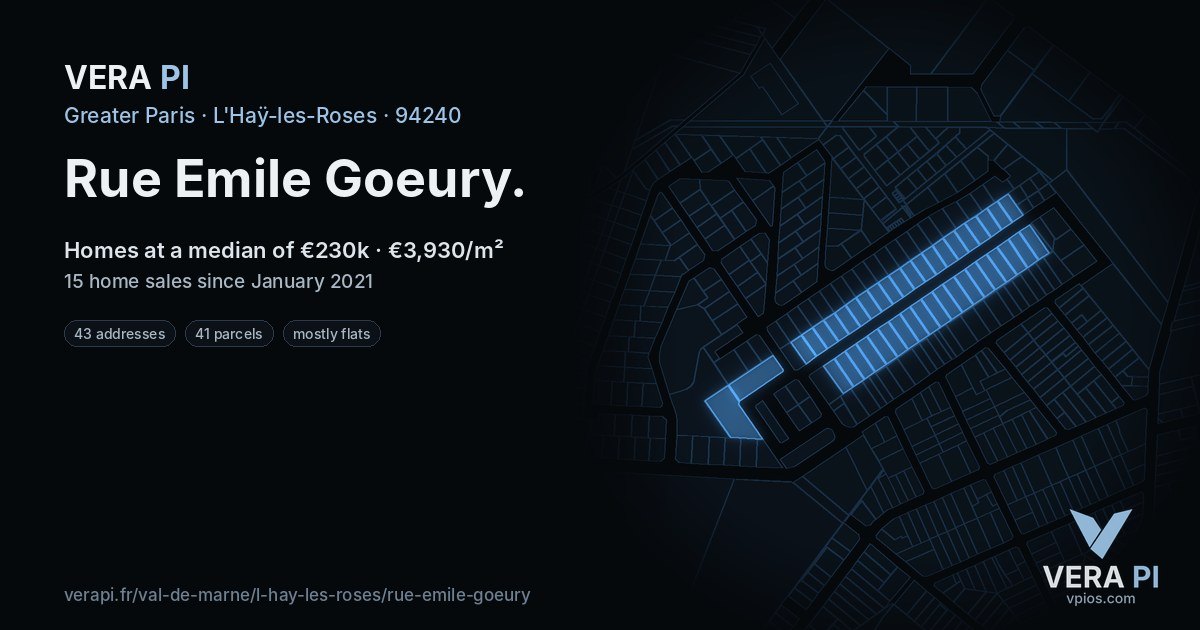 Rue Emile Goeury, L'Haÿ-les-Roses at night – every parcel coloured by the prices around it, the street's own parcels lit