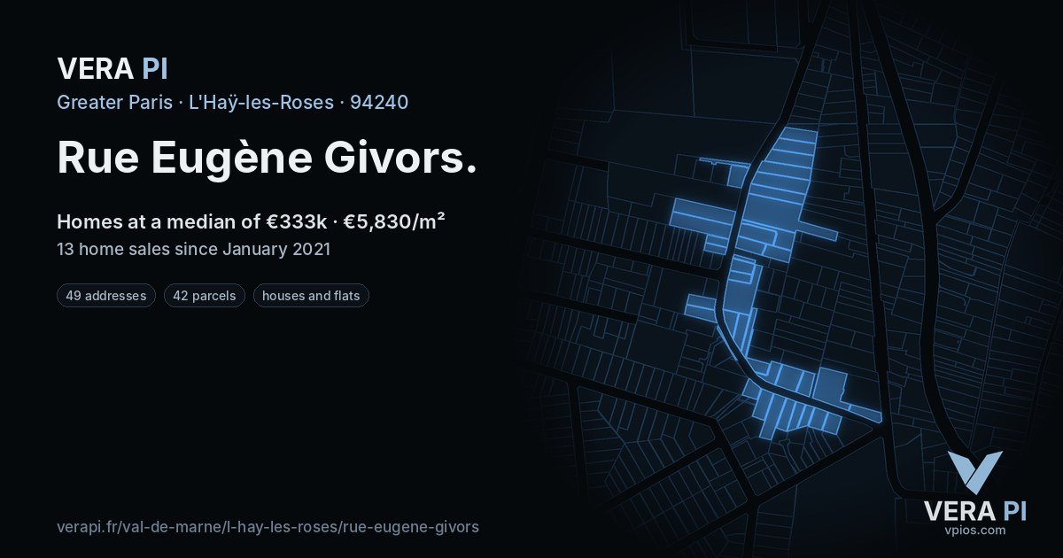 Rue Eugène Givors, L'Haÿ-les-Roses at night – every parcel coloured by the prices around it, the street's own parcels lit