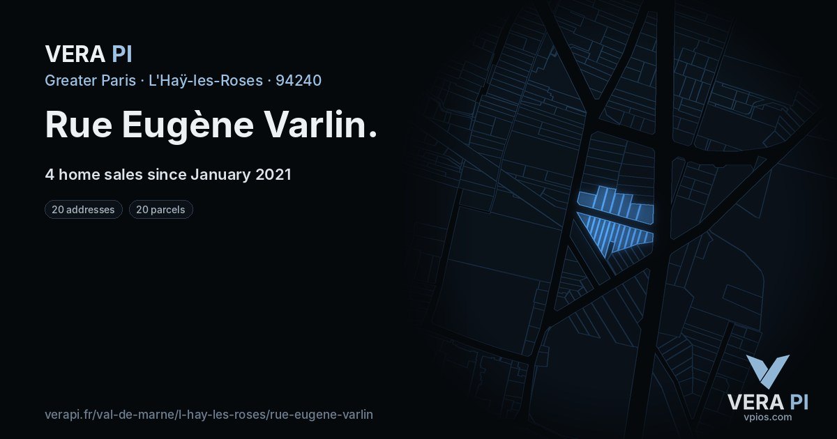 Rue Eugène Varlin, L'Haÿ-les-Roses at night – every parcel coloured by the prices around it, the street's own parcels lit