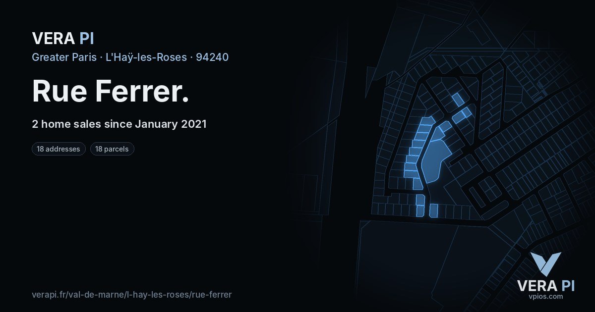 Rue Ferrer, L'Haÿ-les-Roses at night – every parcel coloured by the prices around it, the street's own parcels lit