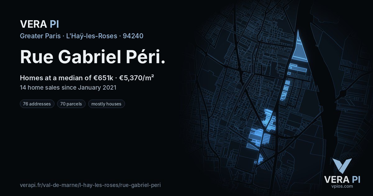 Rue Gabriel Péri, L'Haÿ-les-Roses at night – every parcel coloured by the prices around it, the street's own parcels lit