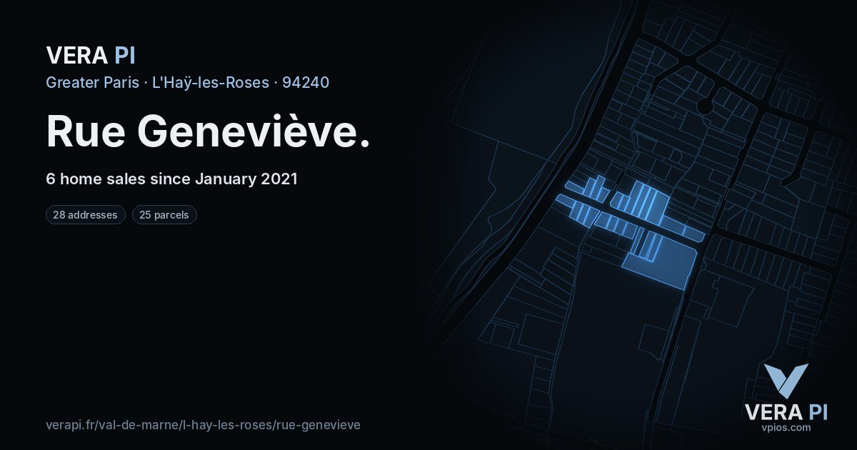 Rue Geneviève, L'Haÿ-les-Roses at night – every parcel coloured by the prices around it, the street's own parcels lit