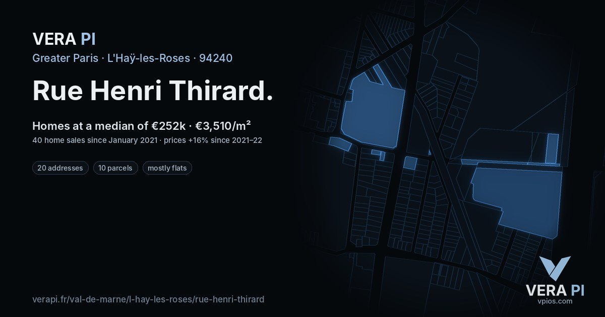 Rue Henri Thirard, L'Haÿ-les-Roses at night – every parcel coloured by the prices around it, the street's own parcels lit