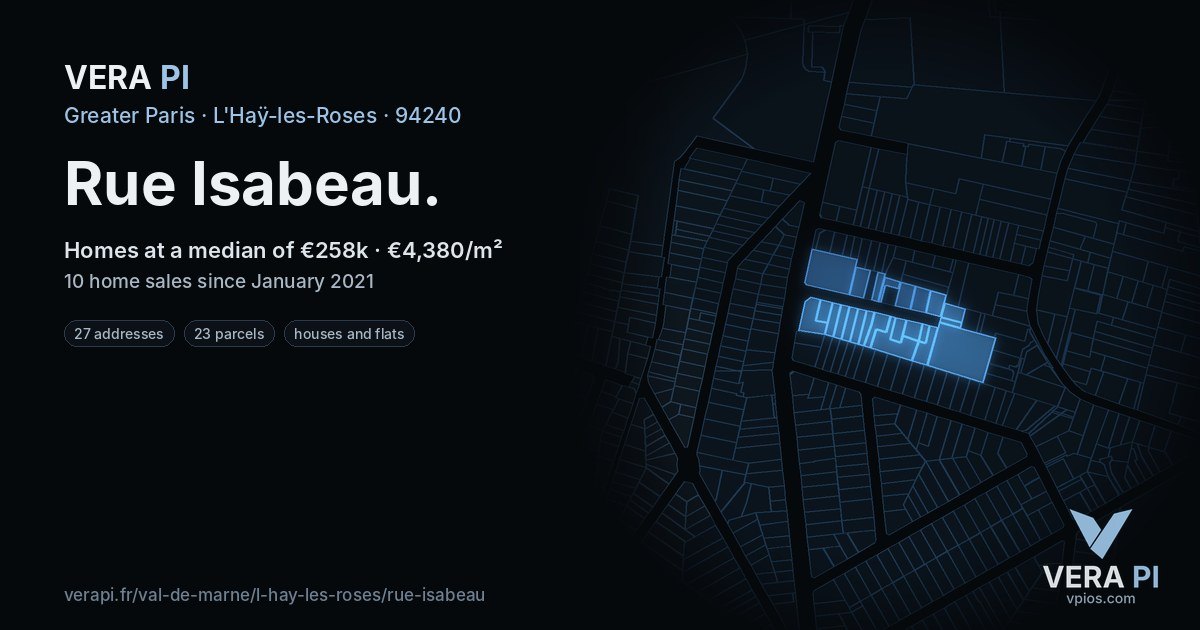 Rue Isabeau, L'Haÿ-les-Roses at night – every parcel coloured by the prices around it, the street's own parcels lit