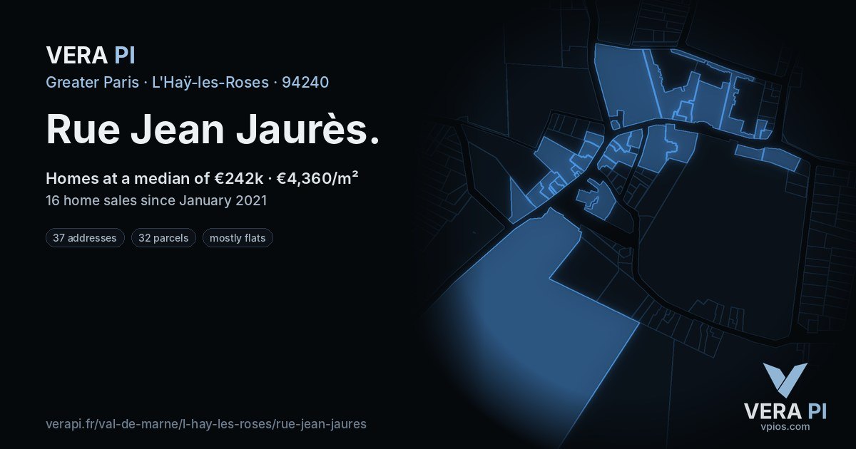 Rue Jean Jaurès, L'Haÿ-les-Roses at night – every parcel coloured by the prices around it, the street's own parcels lit
