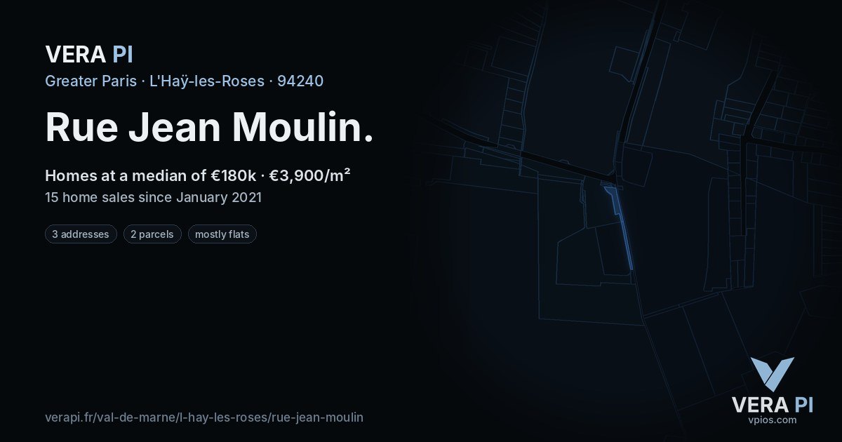 Rue Jean Moulin, L'Haÿ-les-Roses at night – every parcel coloured by the prices around it, the street's own parcels lit