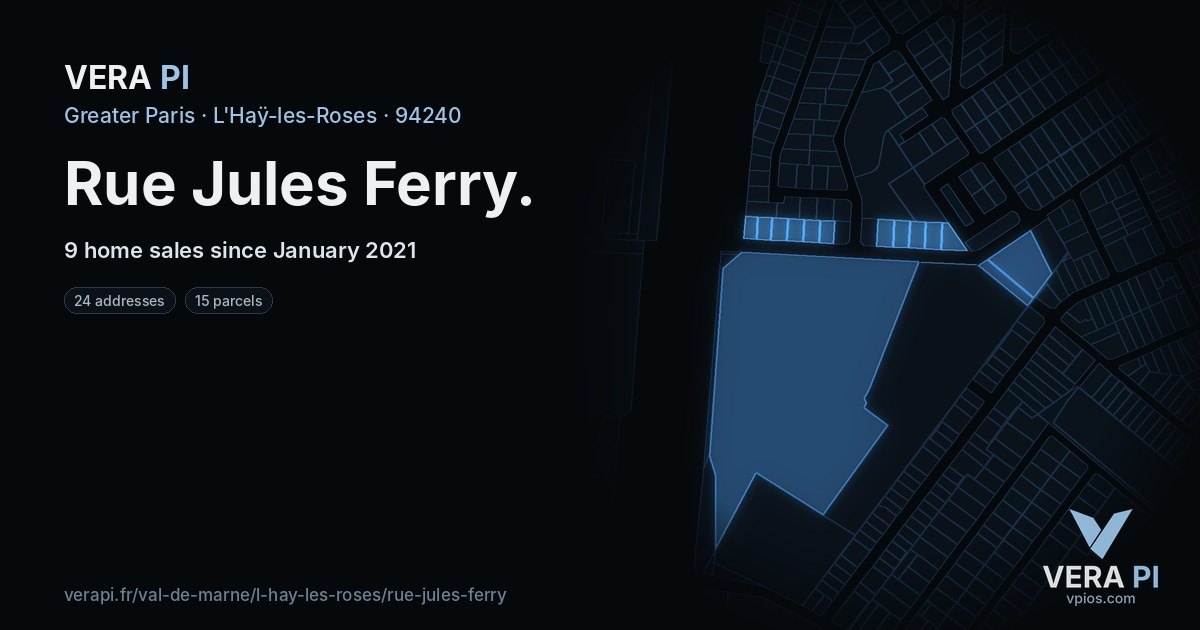 Rue Jules Ferry, L'Haÿ-les-Roses at night – every parcel coloured by the prices around it, the street's own parcels lit