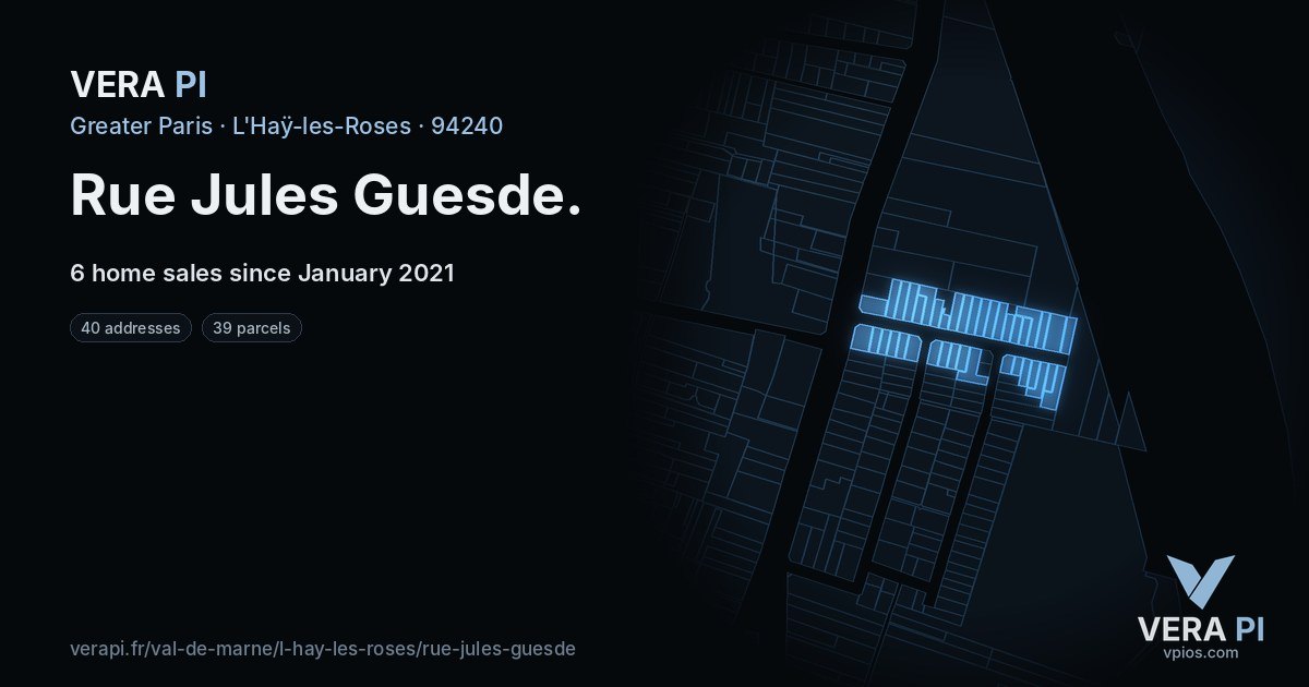 Rue Jules Guesde, L'Haÿ-les-Roses at night – every parcel coloured by the prices around it, the street's own parcels lit