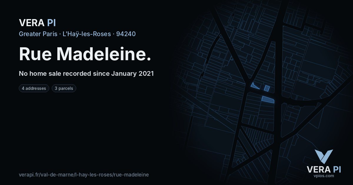 Rue Madeleine, L'Haÿ-les-Roses at night – every parcel coloured by the prices around it, the street's own parcels lit
