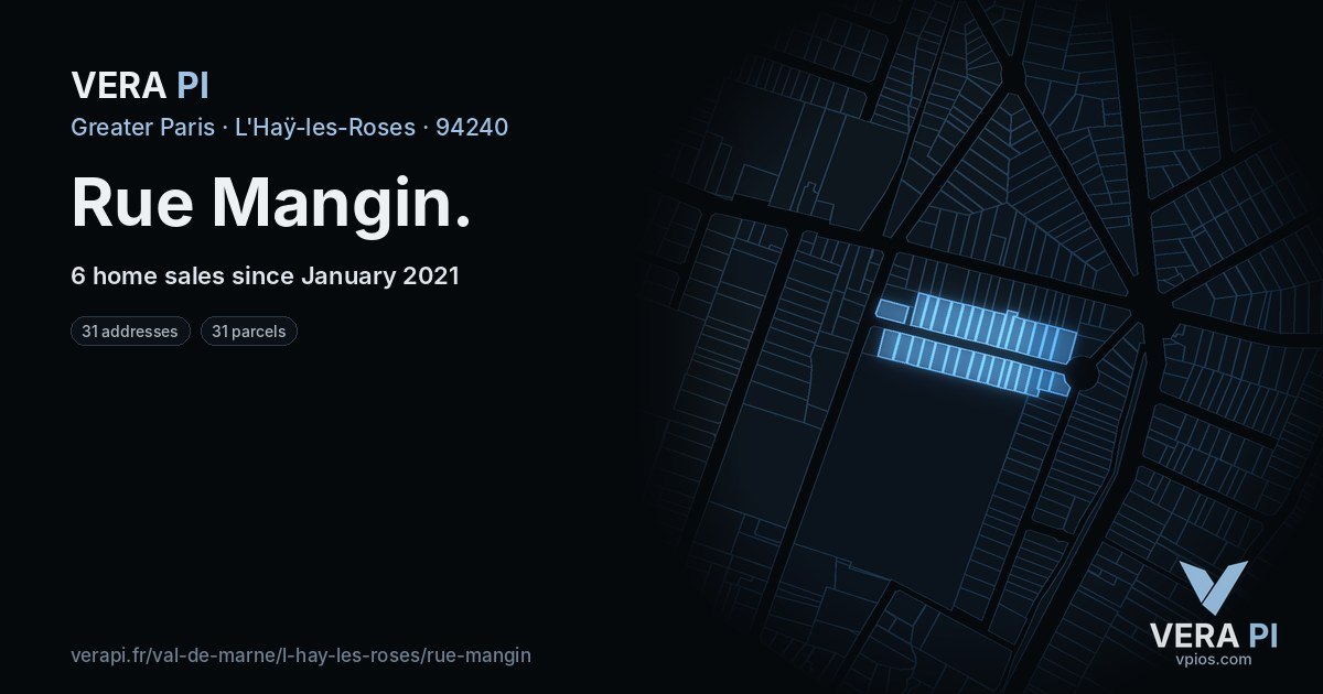 Rue Mangin, L'Haÿ-les-Roses at night – every parcel coloured by the prices around it, the street's own parcels lit